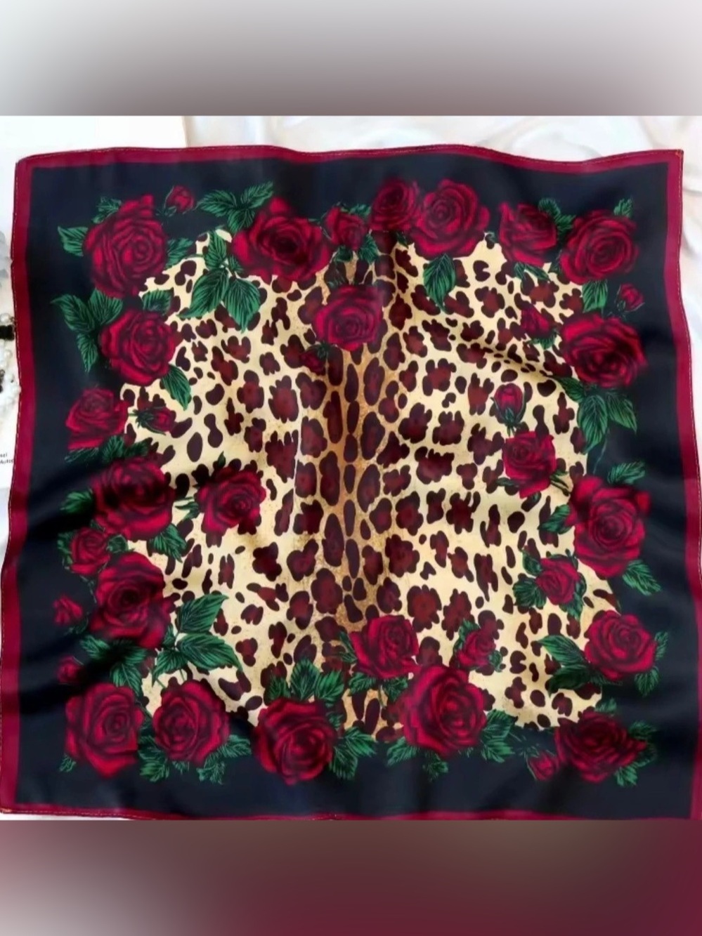 New Leopard Rose Print Silk Square Scarf Black & Red